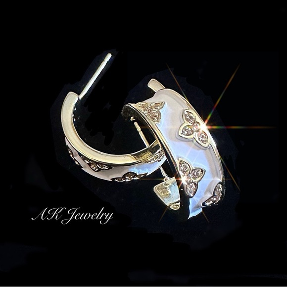 πWhite Inlay Earrings Floral Motif, Stones, Pierced Earrings Gold Plated Clover - Picture 2 of 5